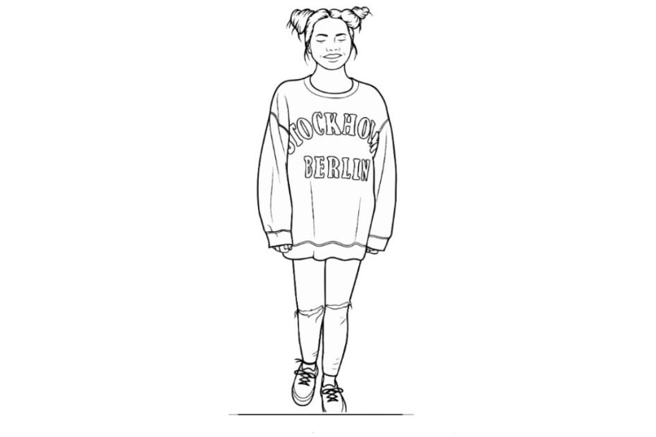 Bl;ack and white line drawing of a young woman with her eyes closed, wearing an oversized "Stockholm Berlin" sweatshirt, ripped jeans and trainers.