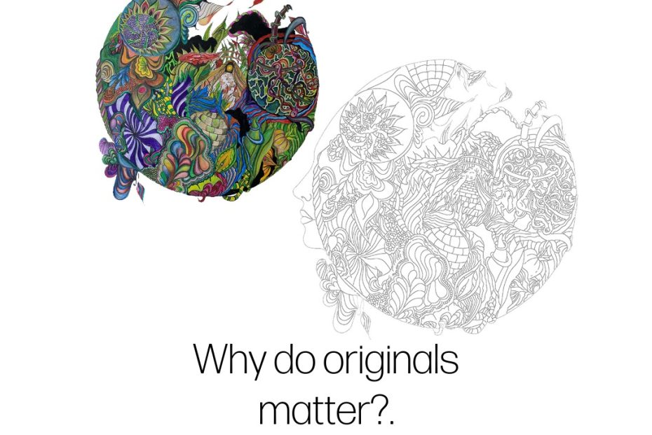 Original mixed-media artwork beside its vector interpretation, featuring an unexpected face, with the question "Why Do Originals Matter?"