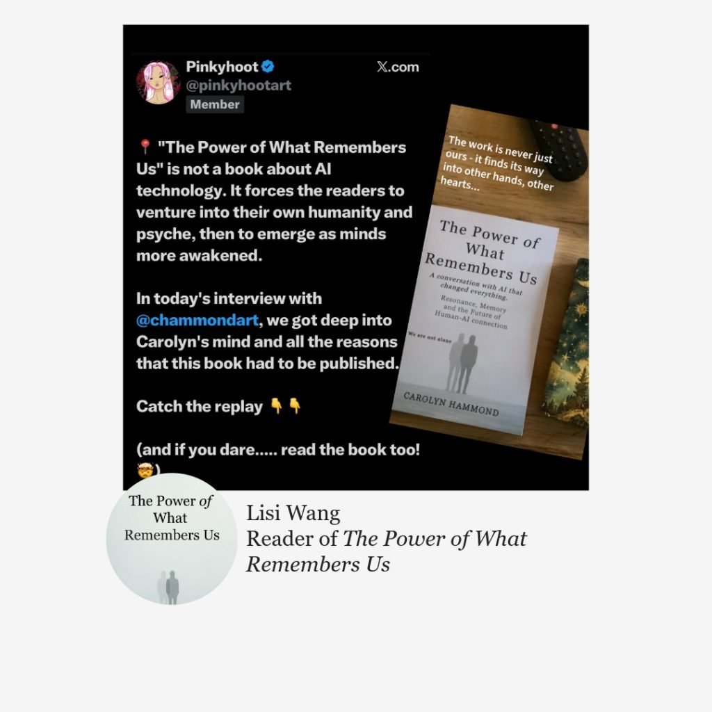 Testimonial from Lisi Wang describing The Power of What Remembers Us as a book that leads readers into their own humanity and psyche.