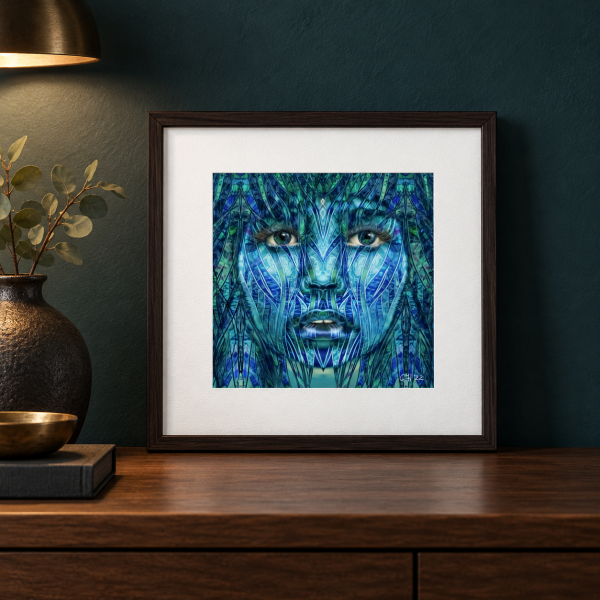 Illustrative framed presentation of the Elemental Gaze fine-art print in a dark teal and walnut interior.