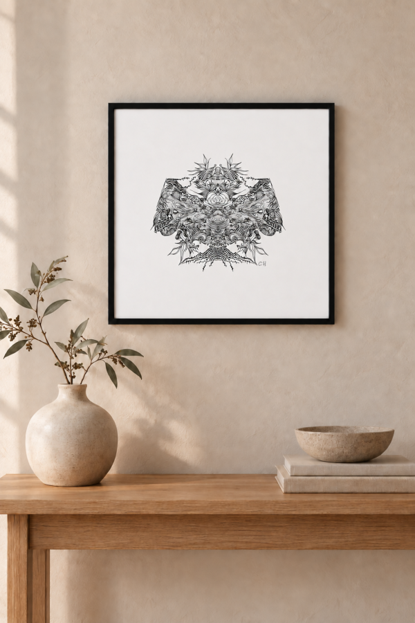 Framed presentation mock-up of Symphony of Nature’s Whimsy in a warm, neutral interior.