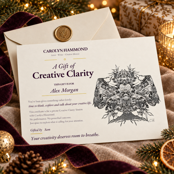 Creative Clarity Christmas gift certificate by Carolyn Hammond with cream envelope, burgundy ribbon and warm festive lights.
