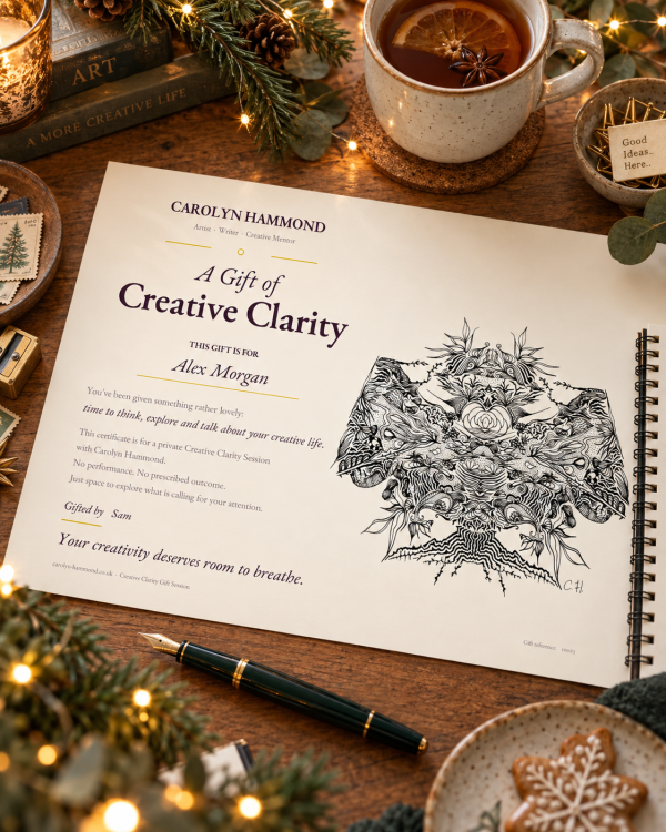 Creative Clarity gift certificate by Carolyn Hammond styled on a creative desk with tea, sketchbook, pen and festive lights.