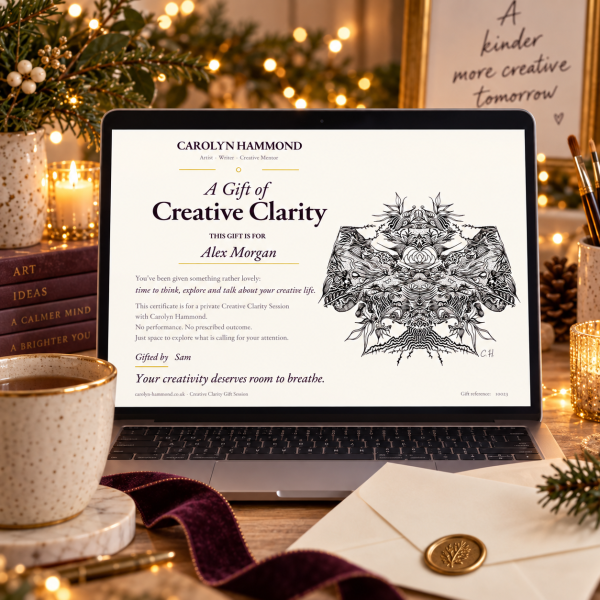 Creative Clarity digital gift certificate displayed on a laptop with a cream envelope, warm lights and festive styling