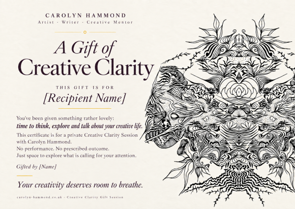 Creative Clarity gift certificate by Carolyn Hammond featuring original black-and-white artwork and personalised recipient details