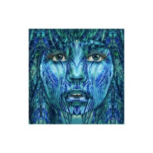 Elemental Gaze open-edition square fine-art print by Carolyn Hammond, with blue-green symbolic face and integral white border.