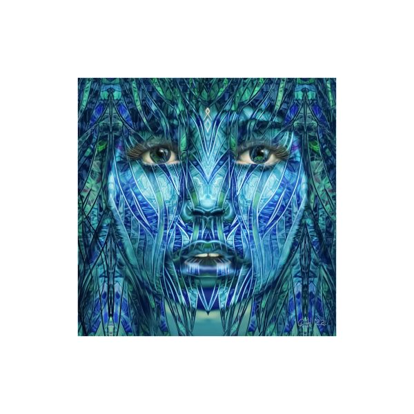 Elemental Gaze open-edition square fine-art print by Carolyn Hammond, with blue-green symbolic face and integral white border.